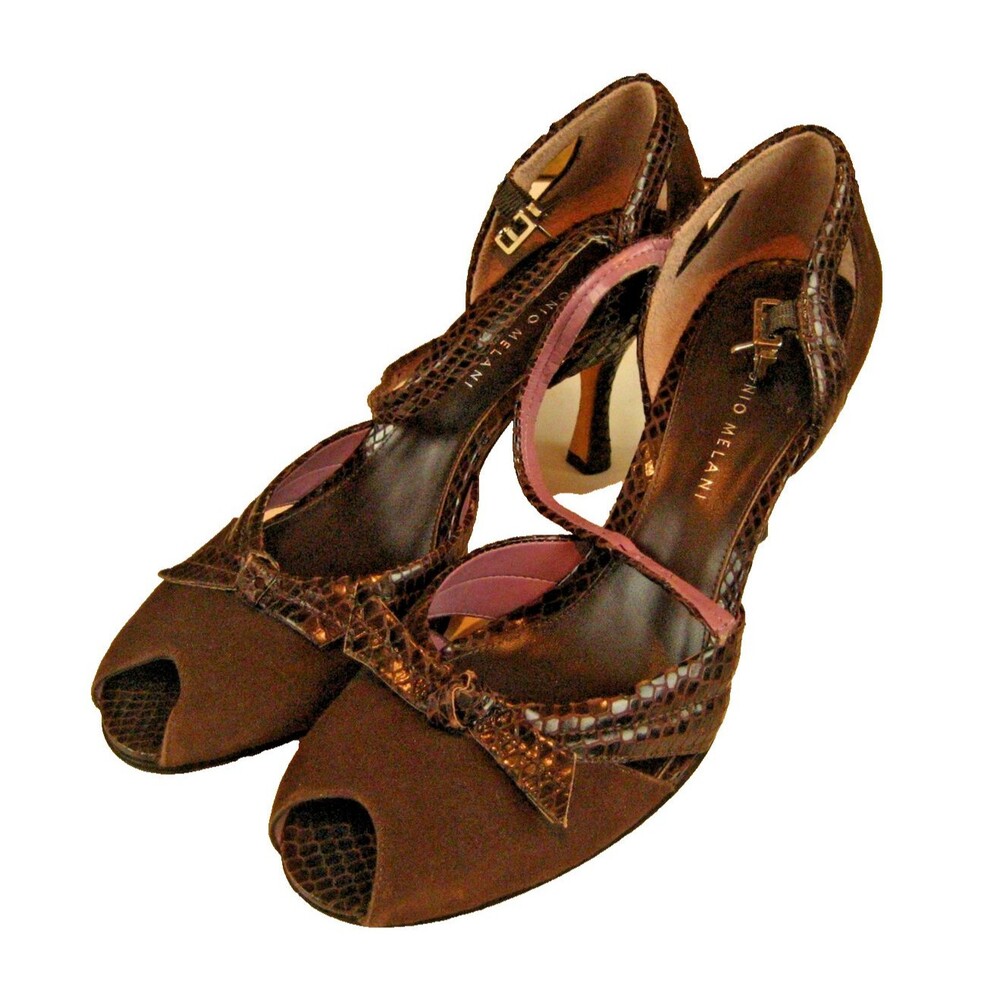 Womens NWOT Antonio Melani Brown Faux Snakeskin/Suede Opentoe 3" Heels sz 9.5M